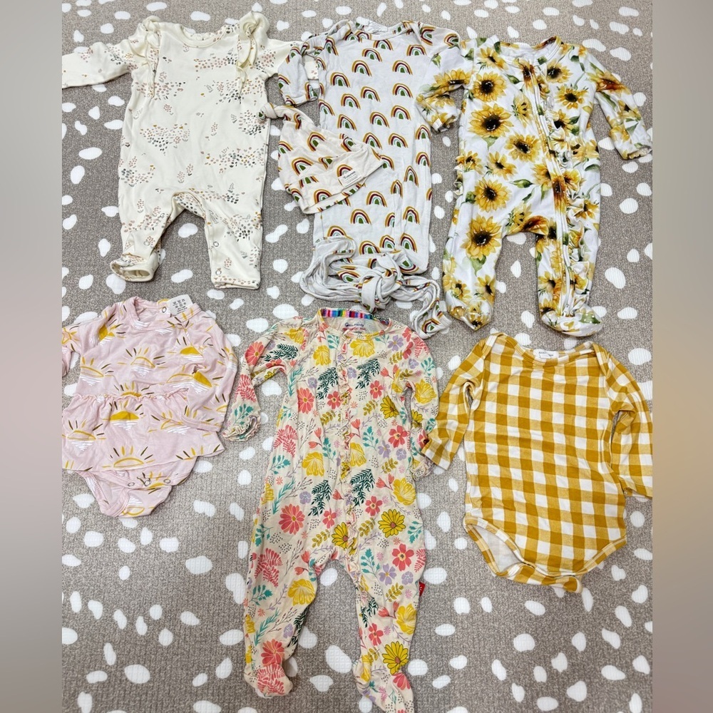 Lot of 6 bamboo footies newborn baby girl ruffle onesie floral rainbow gown knot